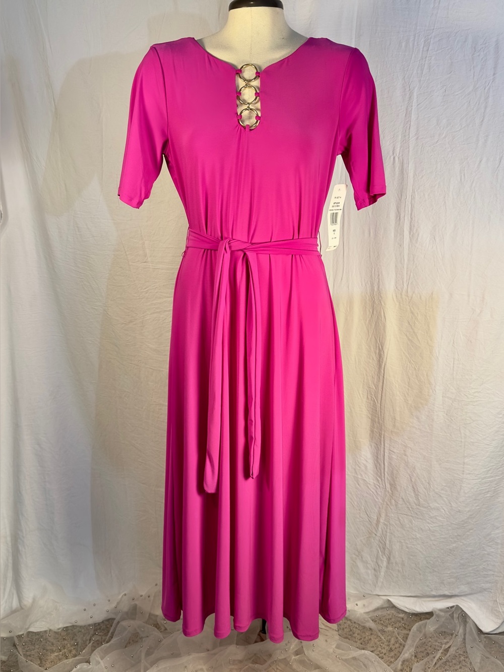 MSK NWT Fiercely Fuchsia Pink Midi Dress Size M Tie Waist Gold Details Barbie